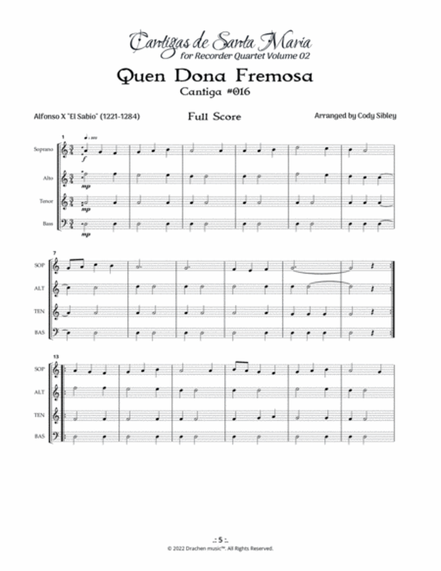 Cantigas de Santa Maria 016 Quen Dona Fremosa for Recorder Quartet image number null