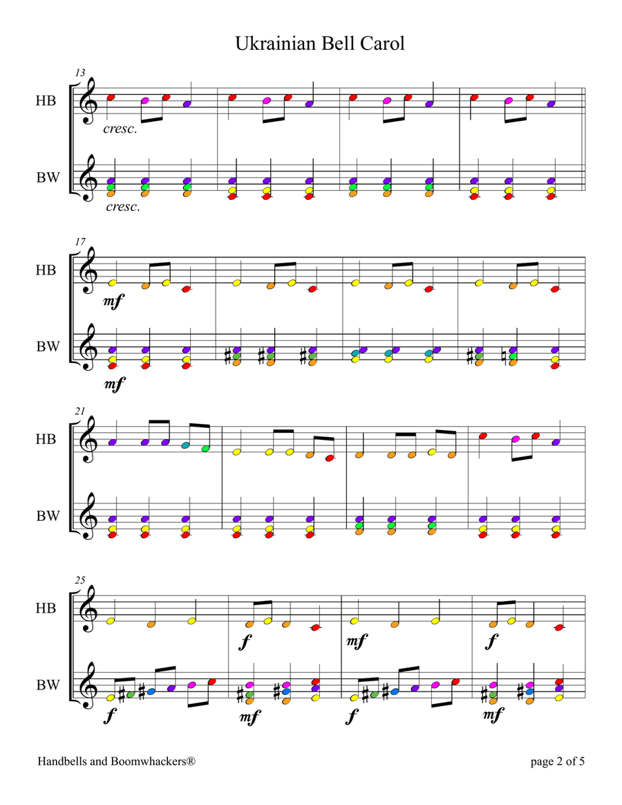 Ukrainian Bell Carol (for 13-note Bells and Boomwhackers with Color Coded Notes) Handbell Choir scores gallery preview page 6