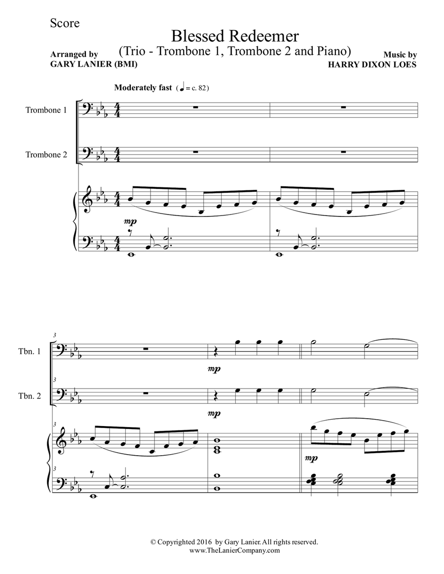 BLESSED REDEEMER (Trio – Trombone 1, Trombone 2 & Piano with Score and Parts) Trombone Trio scores gallery preview page 2