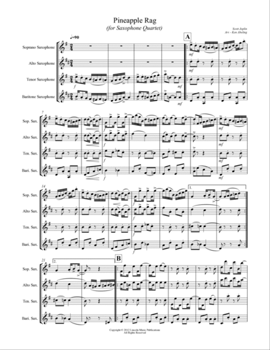 Joplin - “Pineapple Rag” (for Saxophone Quartet SATB) Saxophone Quartet scores gallery preview page 2