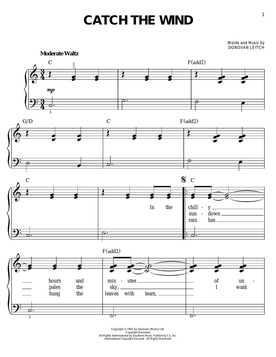 Catch The Wind Easy Piano scores gallery preview page 1