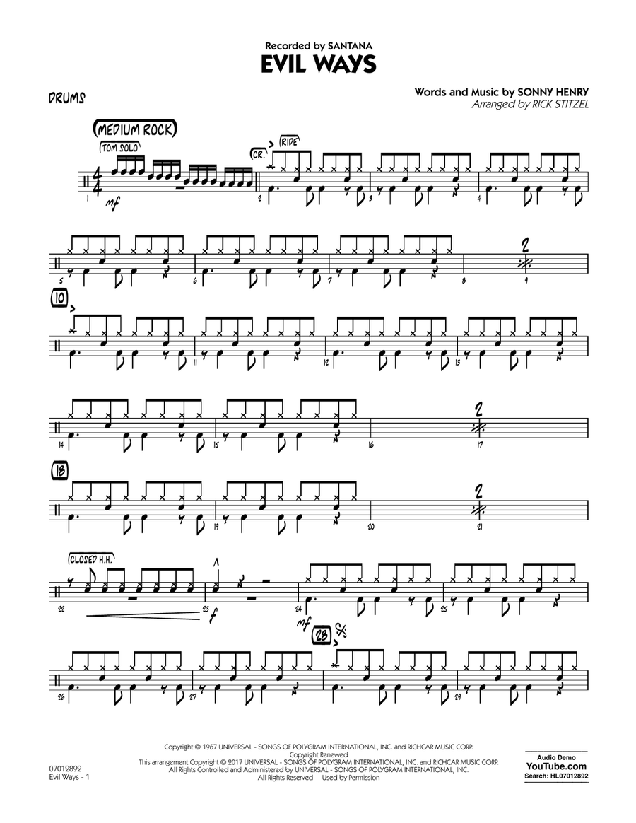 Evil Ways - Drums Jazz Ensemble scores gallery preview page 1