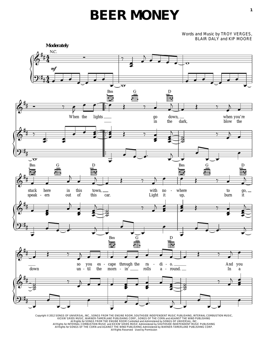 Beer Money Beer Money Piano, Vocal, Guitar scores gallery preview page 1
