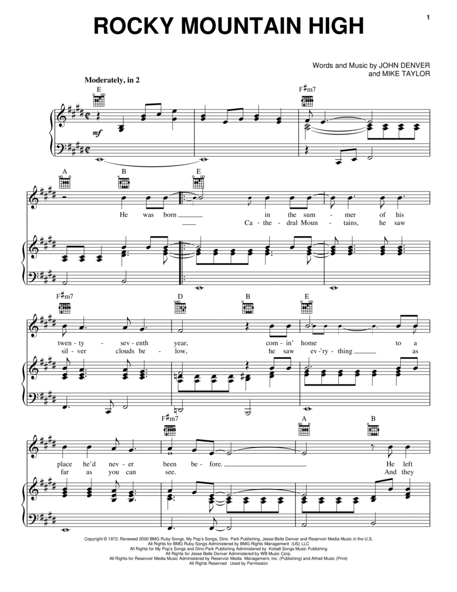Rocky Mountain High Piano, Vocal, Guitar scores gallery preview page 1