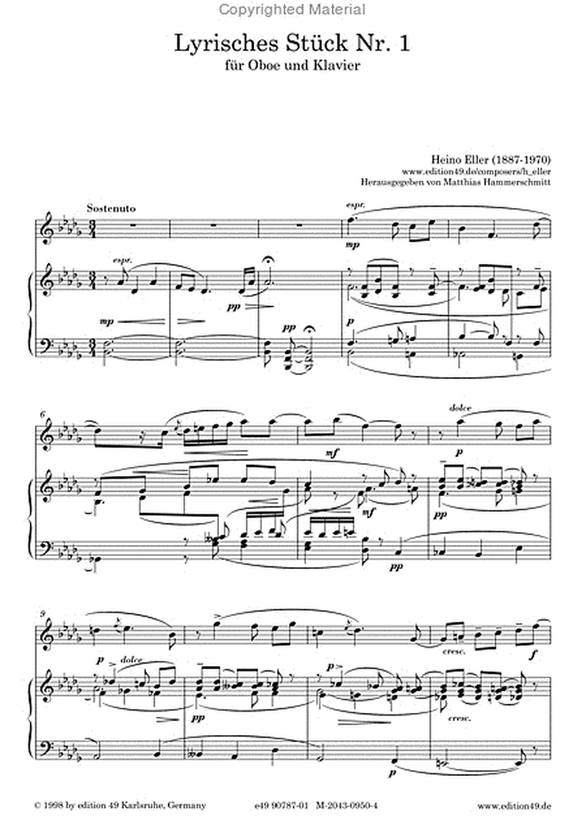Lyrisches Stuck Nr. 1 fur Oboe und Klavier / Luuriline pala Nr. 1 oboele ja klaverile