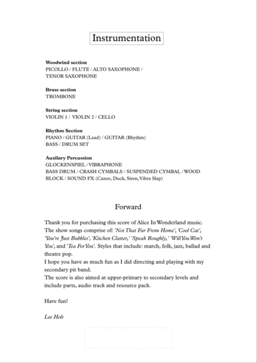 COMPLETE MUSICAL SCORE 'Alice in Wonderland' for Show Bands Concert Band scores gallery preview page 2