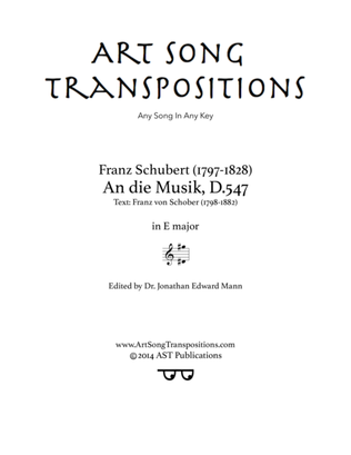Book cover for SCHUBERT: An die Musik, D. 547 (transposed to E major)
