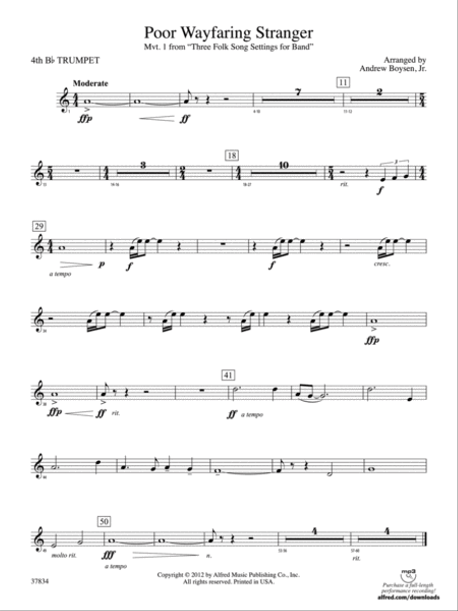 Poor Wayfaring Stranger: 4th B-flat Trumpet Concert Band scores gallery preview page 1