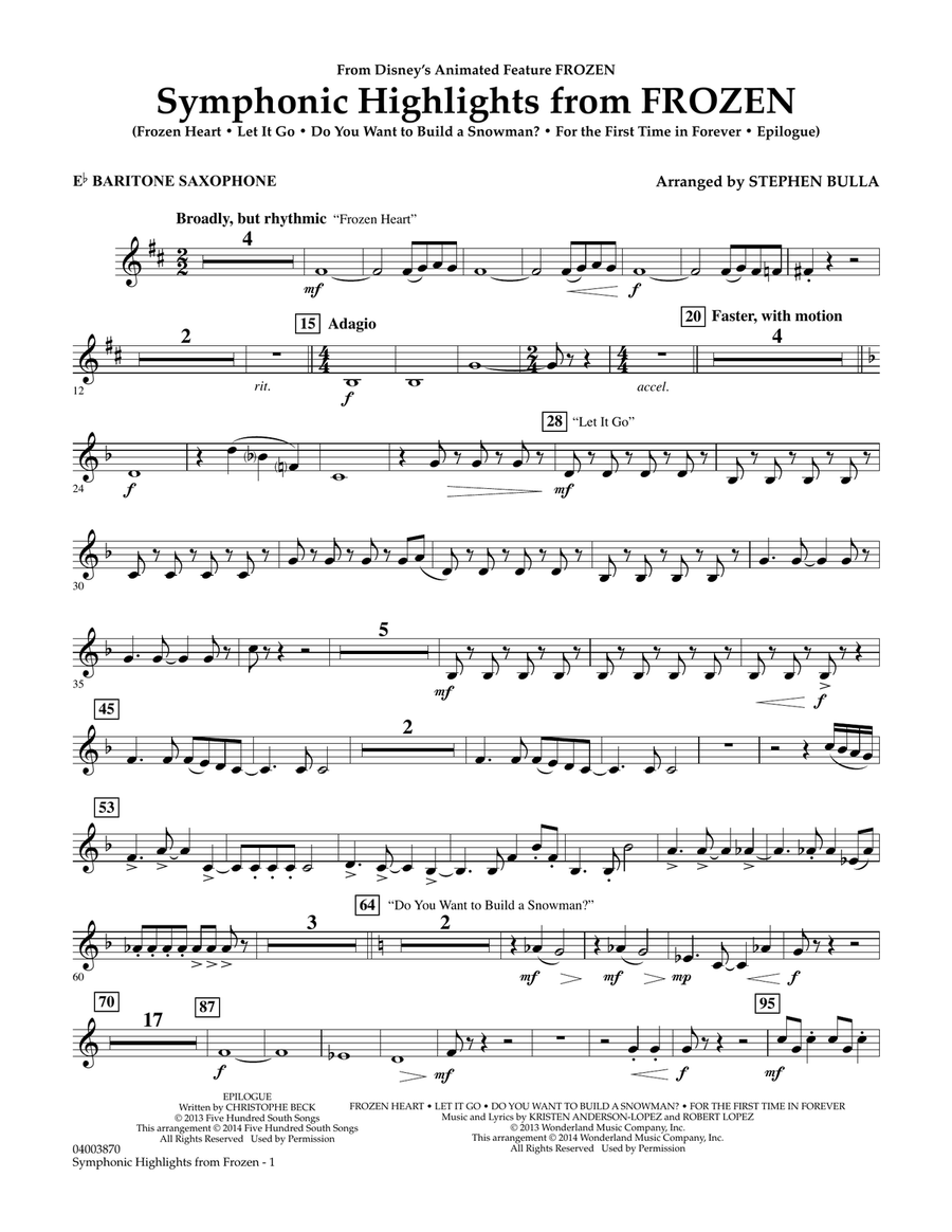 Symphonic Highlights from Frozen - Eb Baritone Saxophone Concert Band scores gallery preview page 1