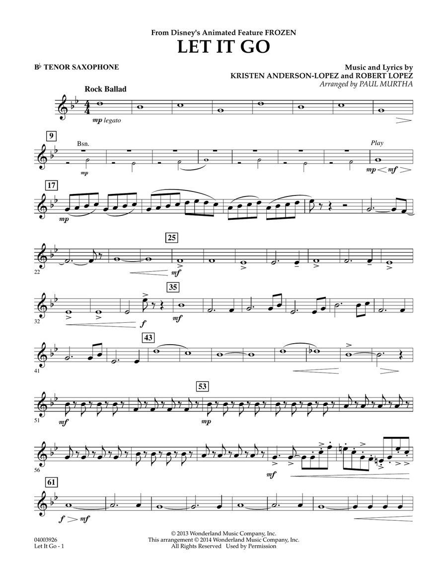 Let It Go - Bb Tenor Saxophone