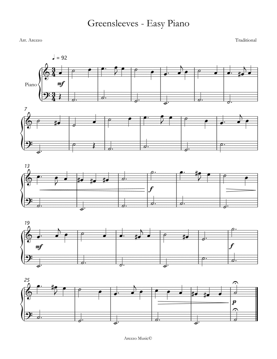 Greensleeves - Easy Piano beginner Chamber Music scores gallery preview page 1