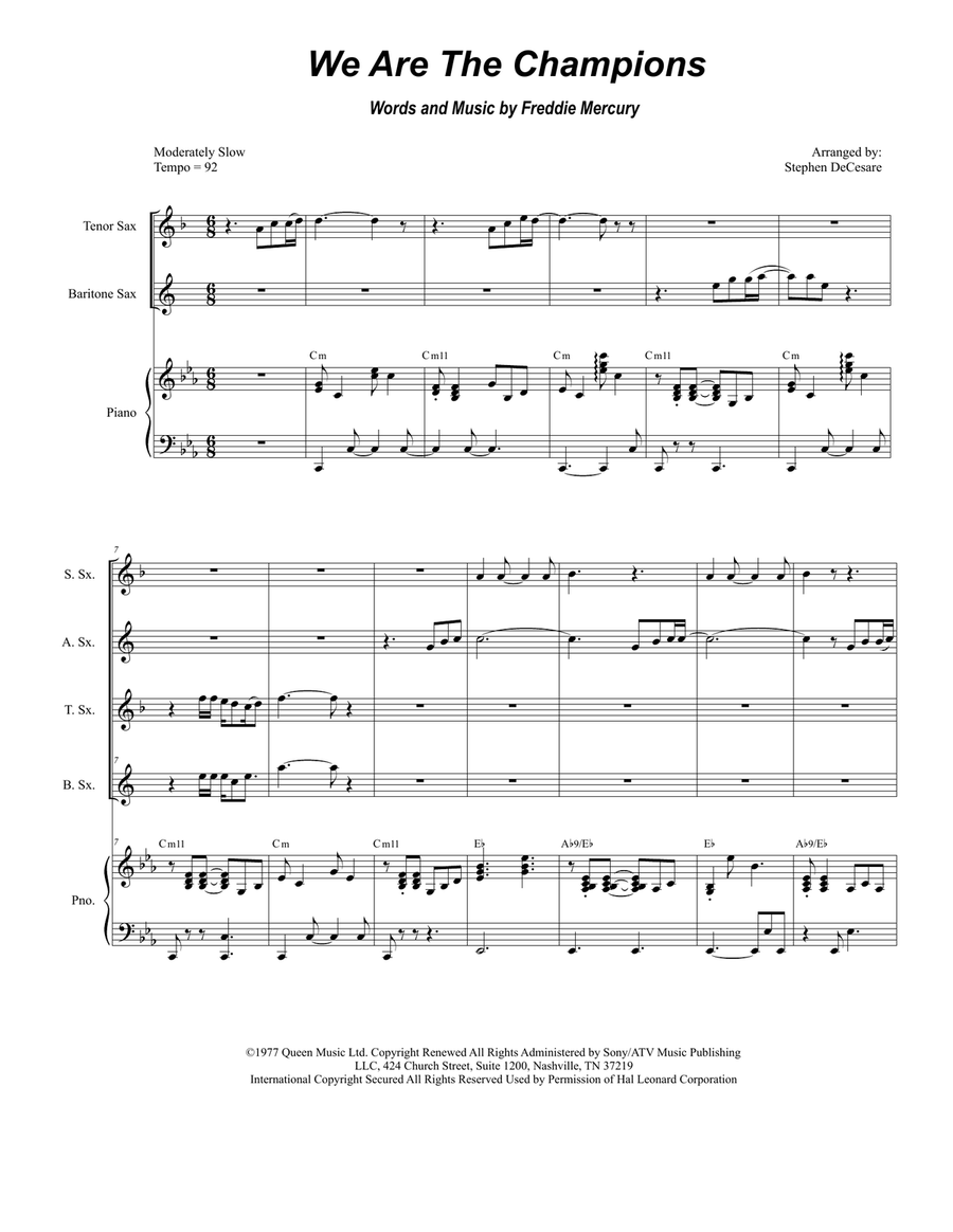 We Are The Champions Saxophone Quartet scores gallery preview page 1