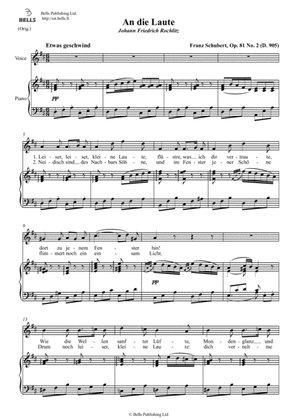 Book cover for An die Laute, Op. 81 No. 2 (D. 905) (Original key. D Major)