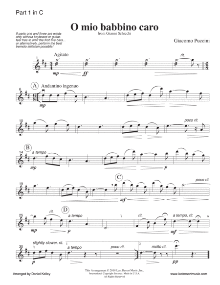 O Mio Babbino from Gianni Schicchi for Wind Quartet (or Clarinet Quartet) (or Mixed Quartet) with Op
