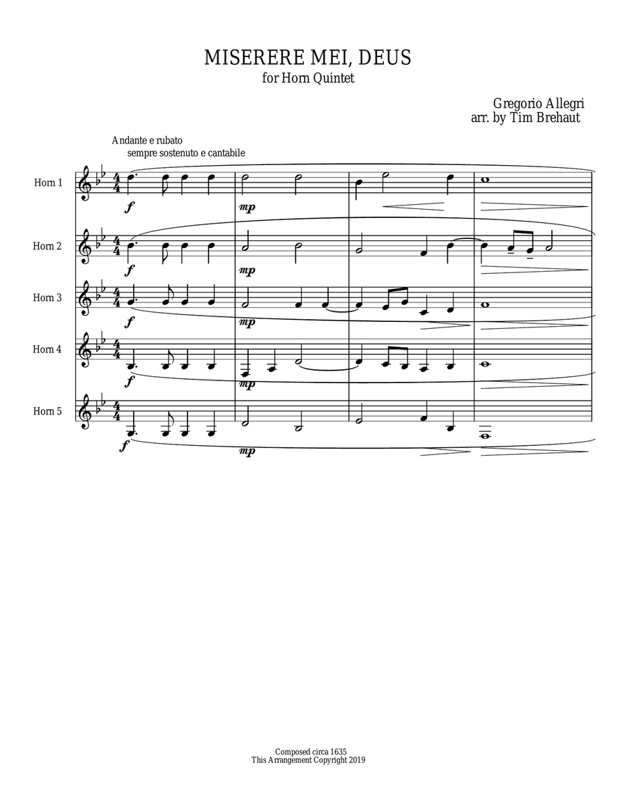 Miserere Mei, Deus - Gregorio Allegri - Horn Quintet Brass Quintet scores gallery preview page 1