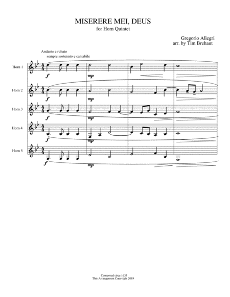 Miserere Mei, Deus - Gregorio Allegri - Horn Quintet