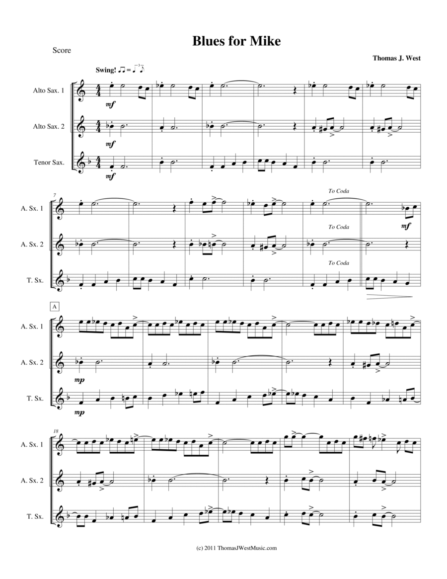 Blues for Mike (Saxophone Trio - Grade 2) Woodwind Trio scores gallery preview page 1