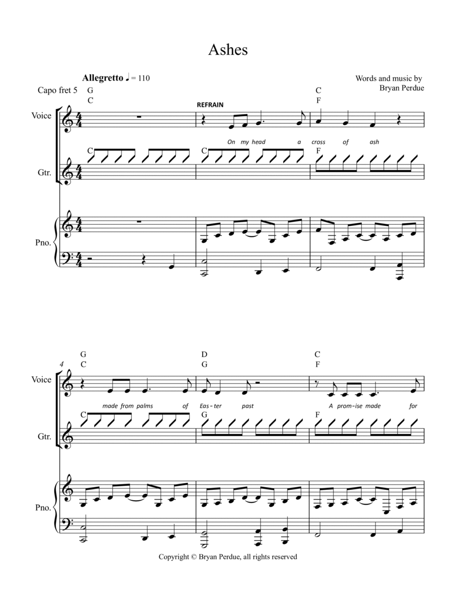 Ashes Piano, Vocal, Guitar scores gallery preview page 1