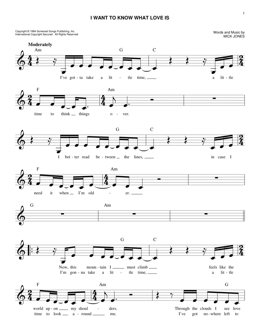 I Want To Know What Love Is Piano scores gallery preview page 1