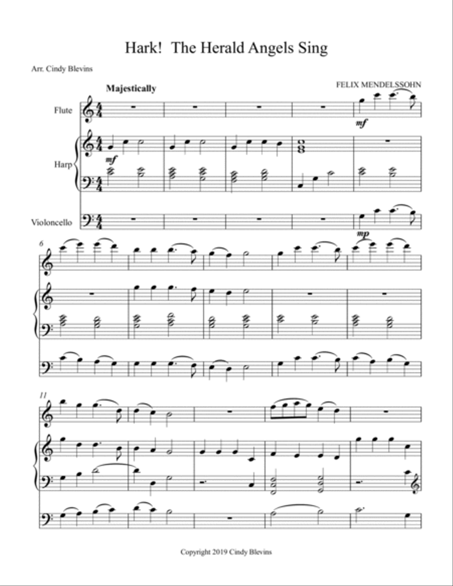 Hark! the Herald Angels Sing, for Harp, Flute and Cello Flute scores gallery preview page 2