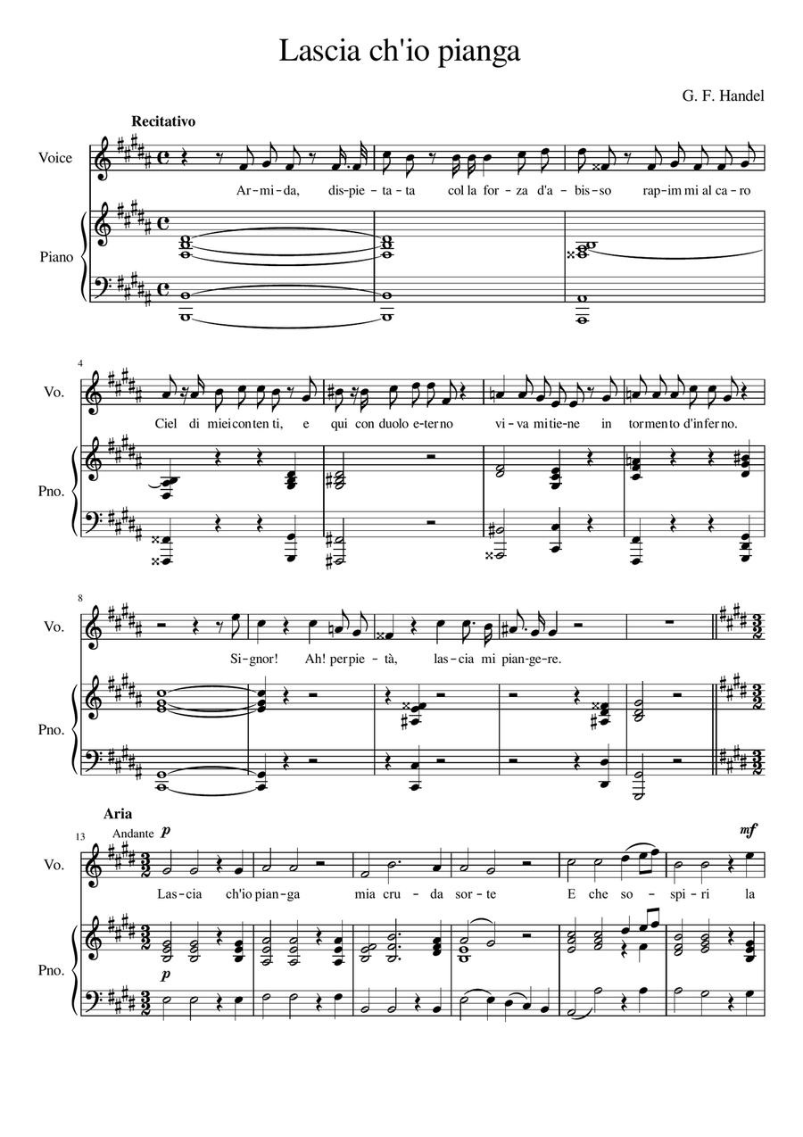 Lascia ch'io pianga - E Major Voice Solo scores gallery preview page 2