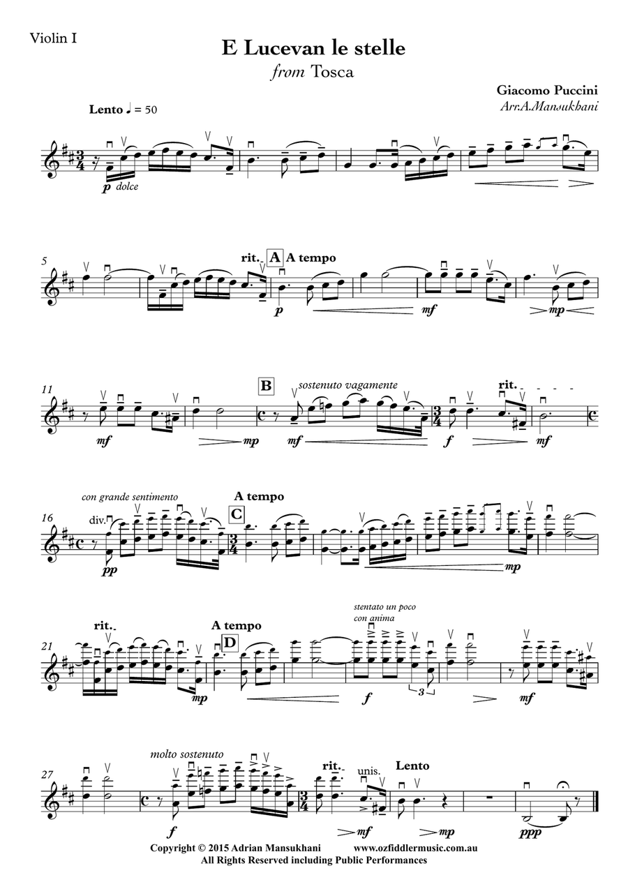 E Lucevan le stelle, from Tosca, by Giacomo Puccini, arranged for String Orchestra by Adrian Mansukh String Orchestra scores gallery preview page 5