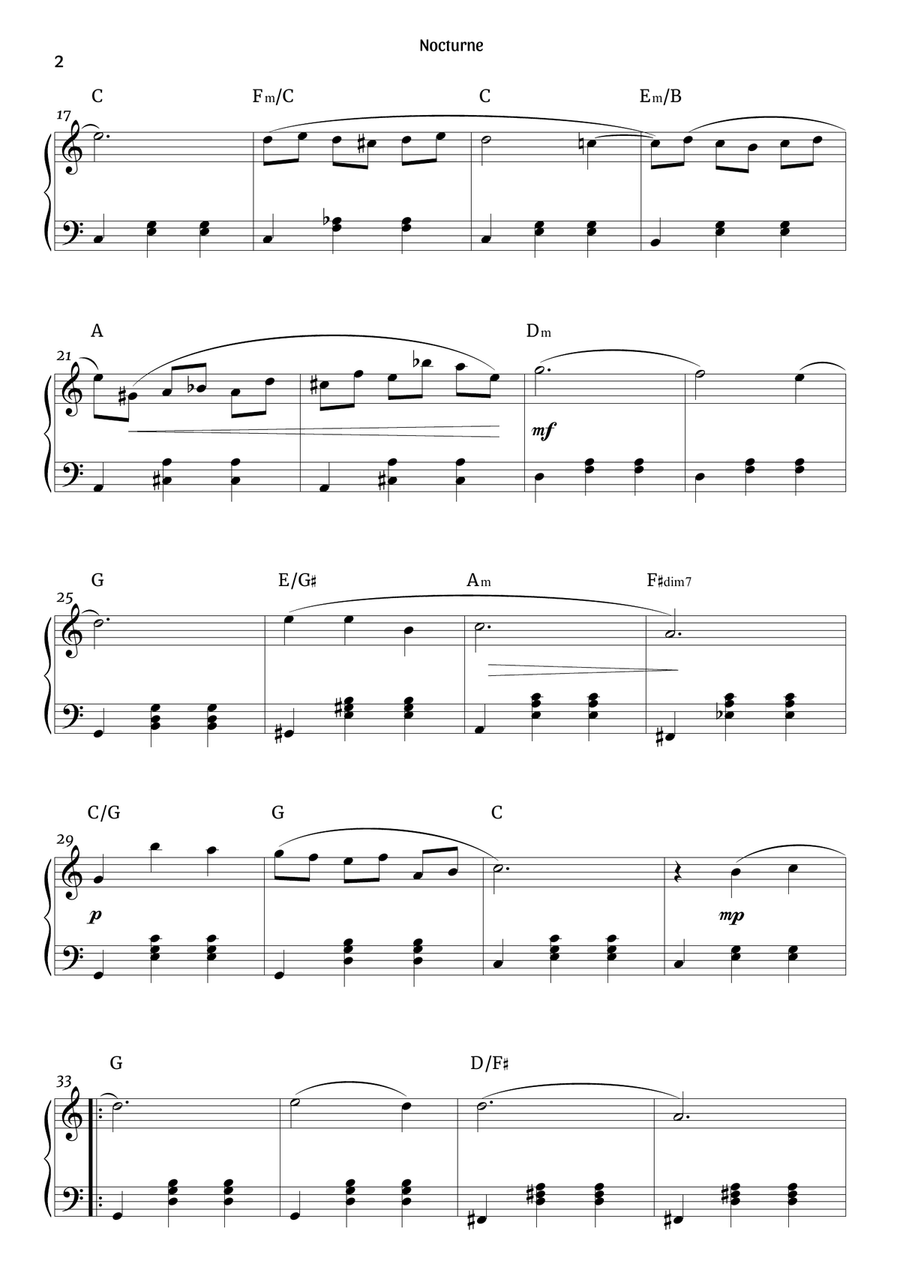 Nocturne Op. 9 no. 2 (easy-intermediate piano in C major – clean with chords) Piano Solo scores gallery preview page 2