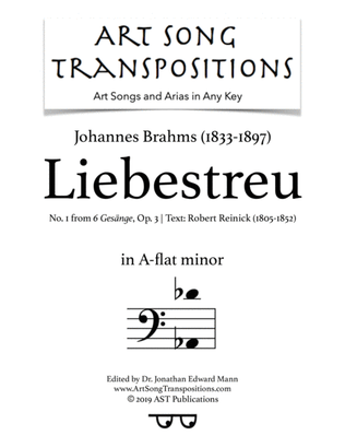Book cover for BRAHMS: Liebestreu, Op. 3 no. 1 (transposed to A-flat minor, bass clef)