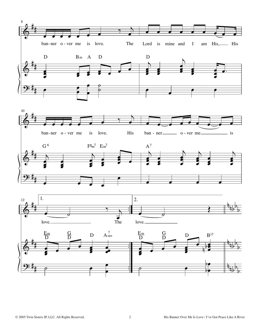 His Banner Over Me Is Love/I've Got Peace Like A River Piano, Vocal scores gallery preview page 2