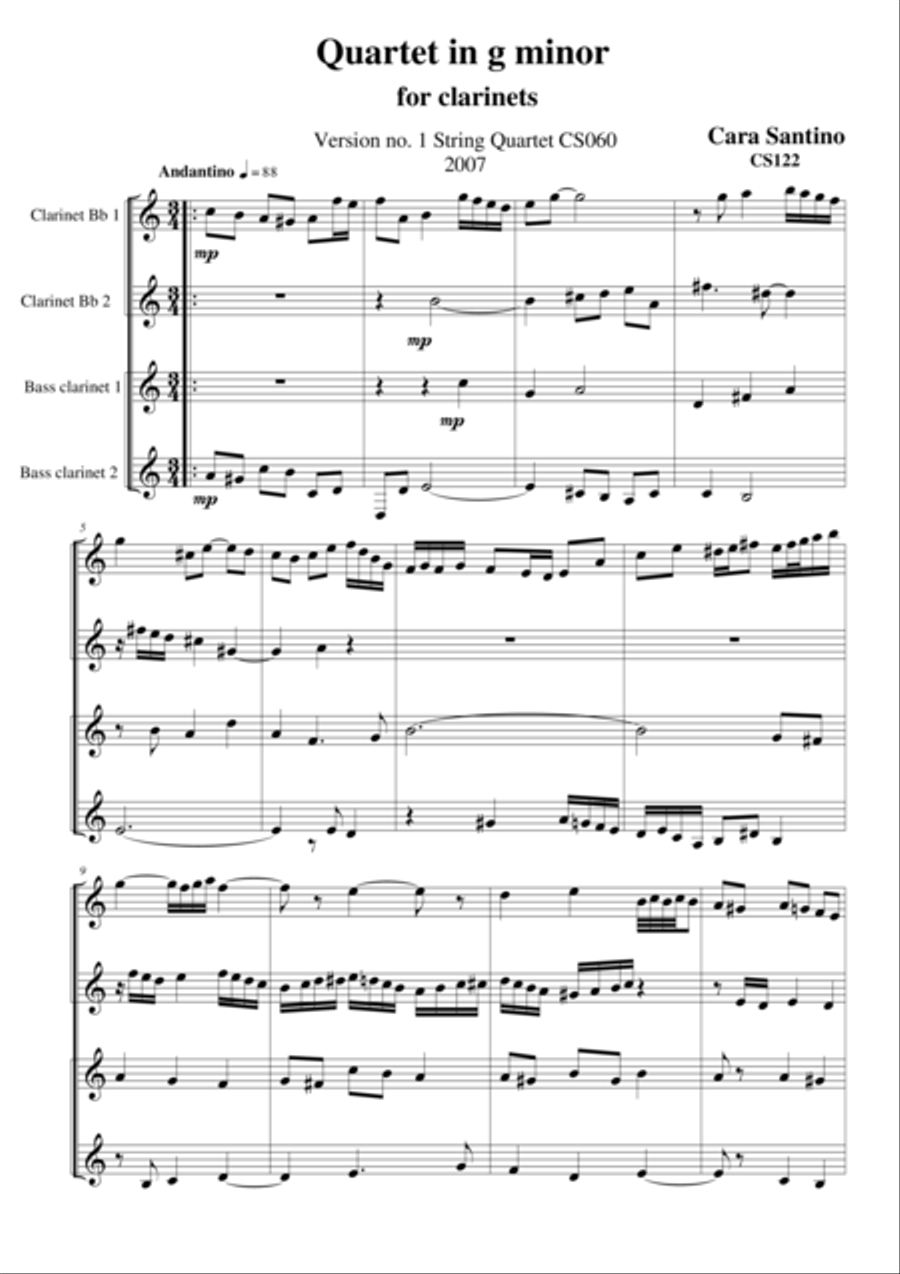 Quartet in G minor for clarinets Clarinet Quartet scores gallery preview page 1