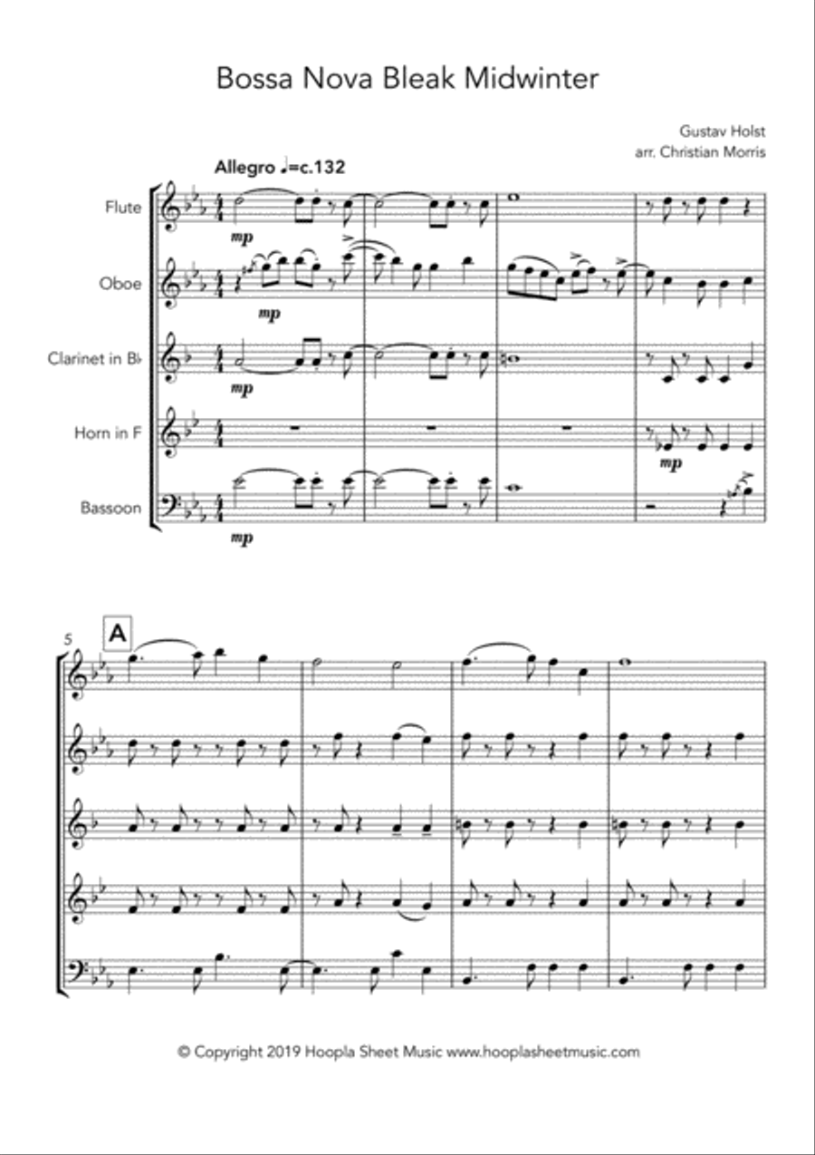 Bossa Nova Bleak Midwinter (In the Bleak Midwinter) Woodwind Quintet scores gallery preview page 1