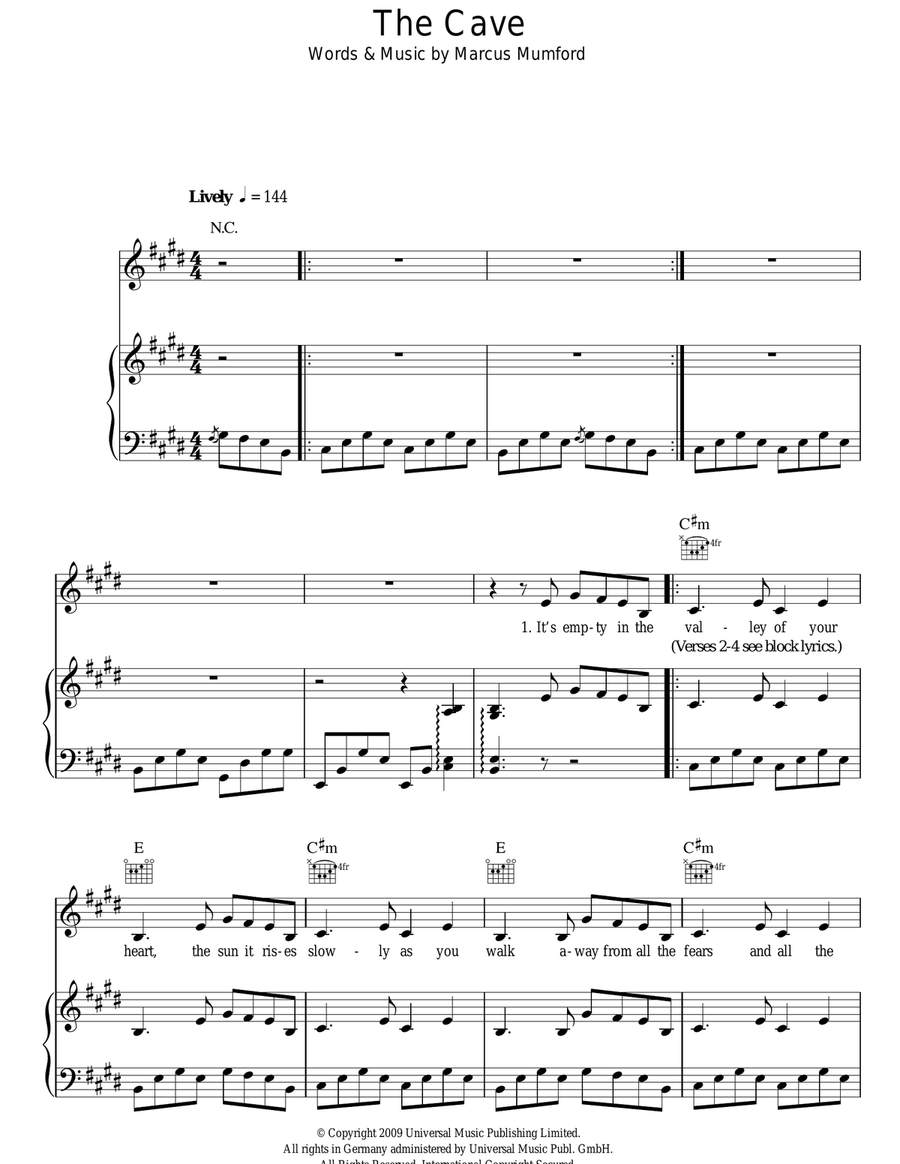 The Cave Piano, Vocal, Guitar scores gallery preview page 1