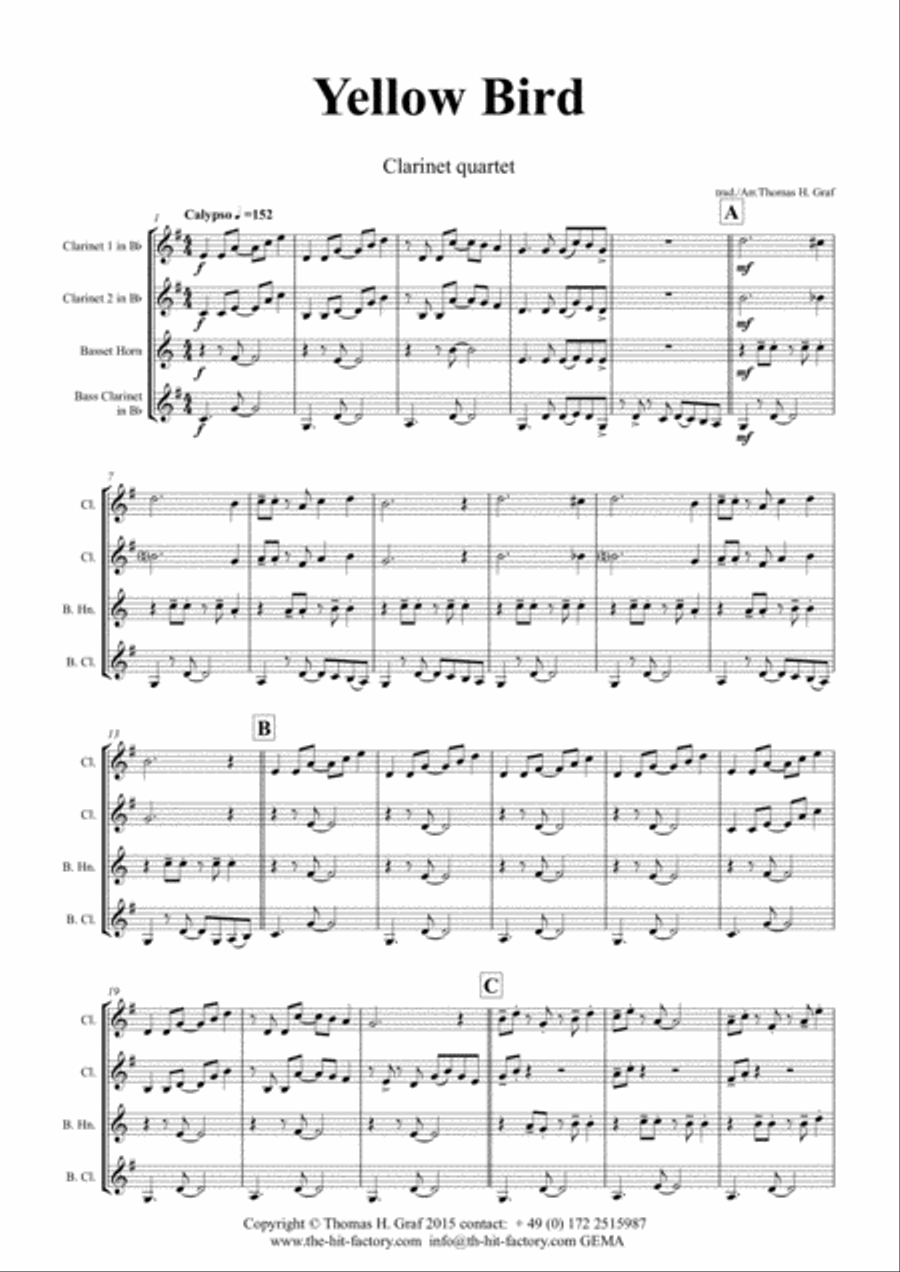 Yellow Bird - Haitian Folk Song - Calypso - Clarinet Quartet Clarinet Quartet scores gallery preview page 2