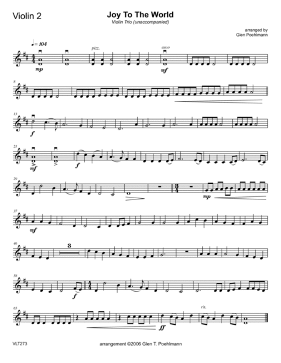 JOY TO THE WORLD - VIOLIN TRIO with optional Piano. Cello parts also included! Small Ensemble scores gallery preview page 6