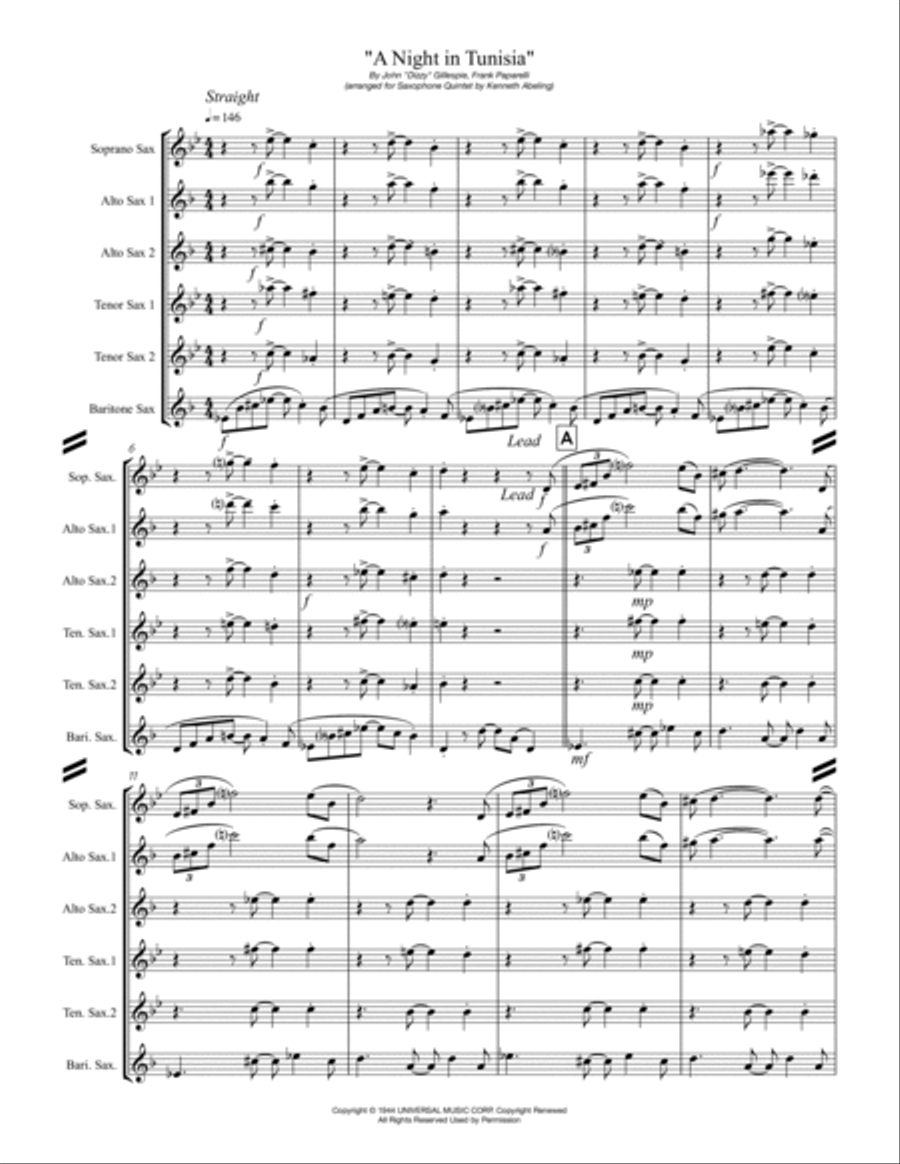 A Night In Tunisia Saxophone Quintet scores gallery preview page 2