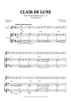 Clair de Lune - Soprano Recorder and Piano + CHORDS