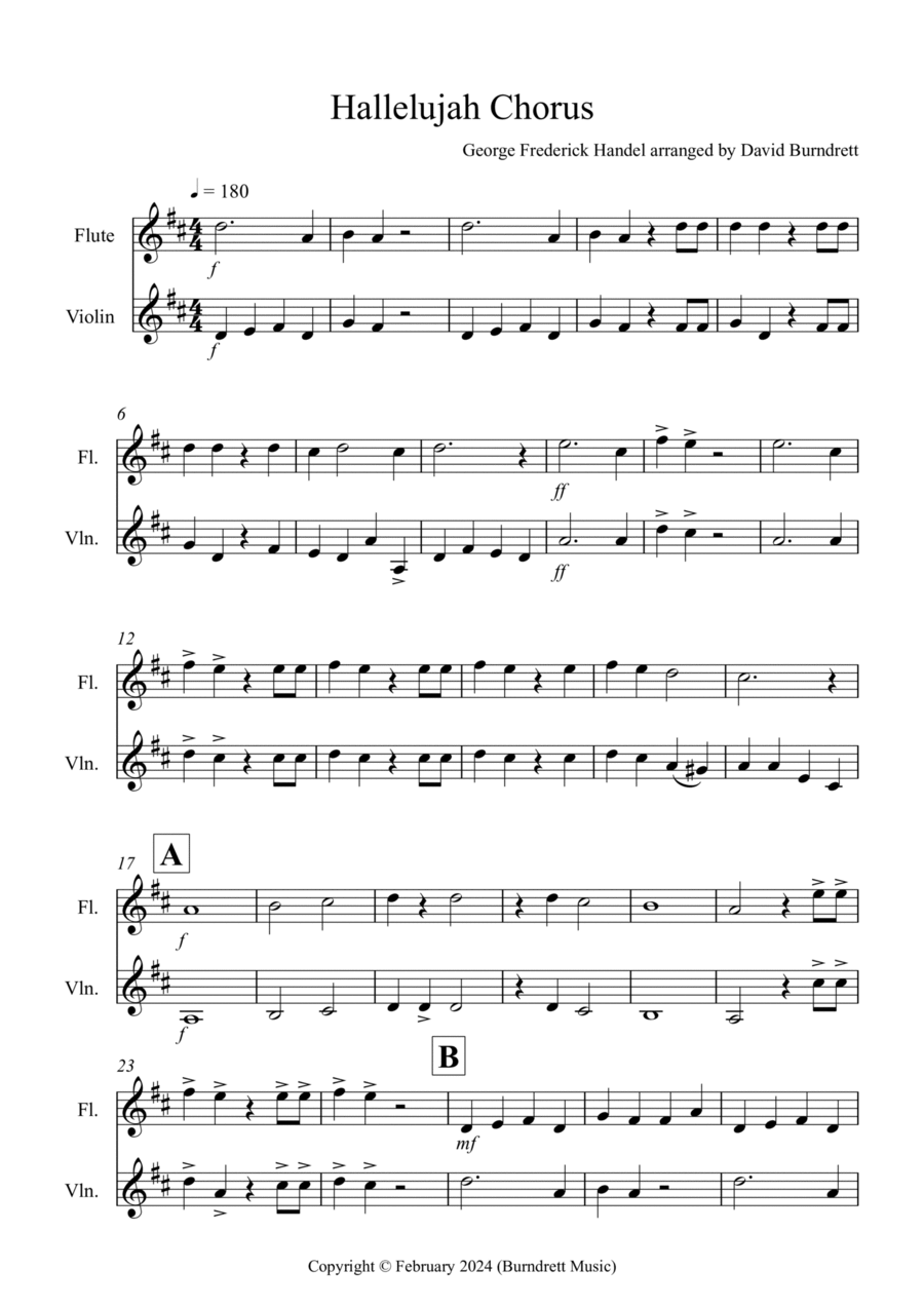 Hallelujah Chorus for Flute and Violin Duet Flute scores gallery preview page 1
