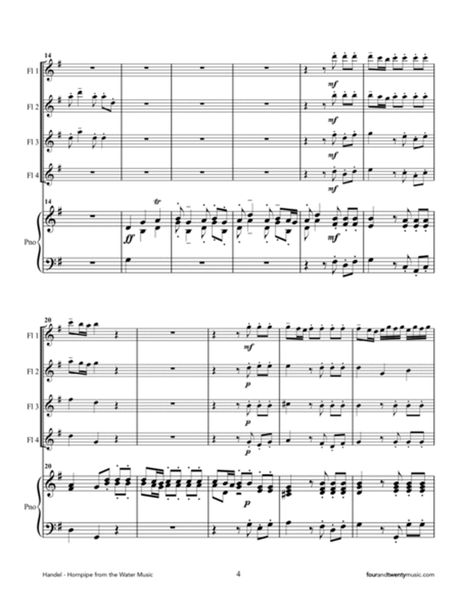 'Hornpipe' from the Water Music, arranged for four flutes and piano image number null