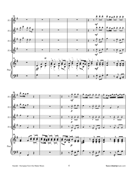 'Hornpipe' from the Water Music, arranged for four flutes and piano image number null