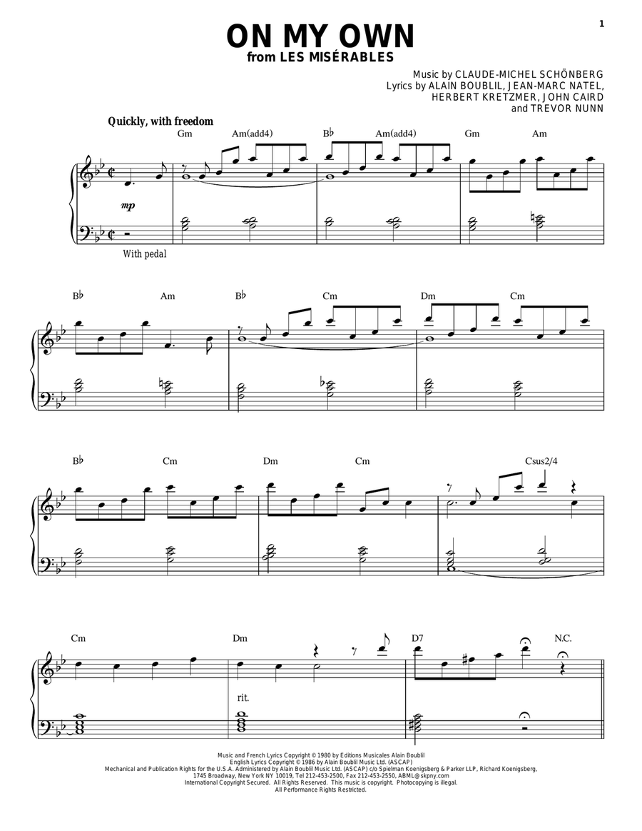 On My Own (from Les Miserables) Piano, Vocal scores gallery preview page 1