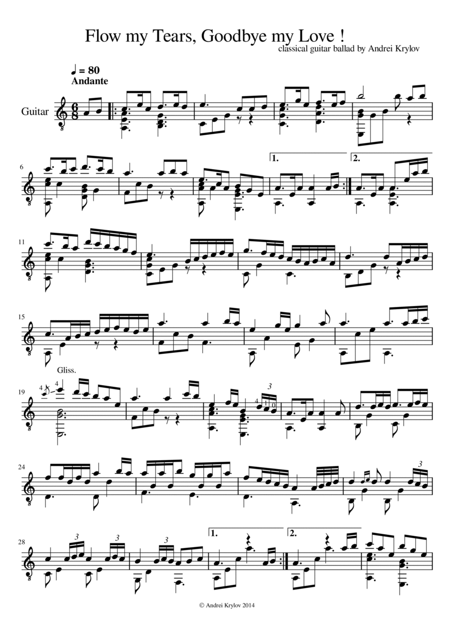 Flow my tears, goodbye my love. Celtic Ballad for Classical guitar by Andrei Krylov Acoustic Guitar scores gallery preview page 1