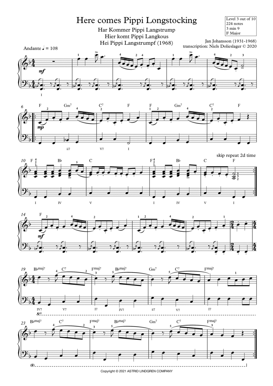 Har Kommer Pippi Langstrump Piano Solo scores gallery preview page 1