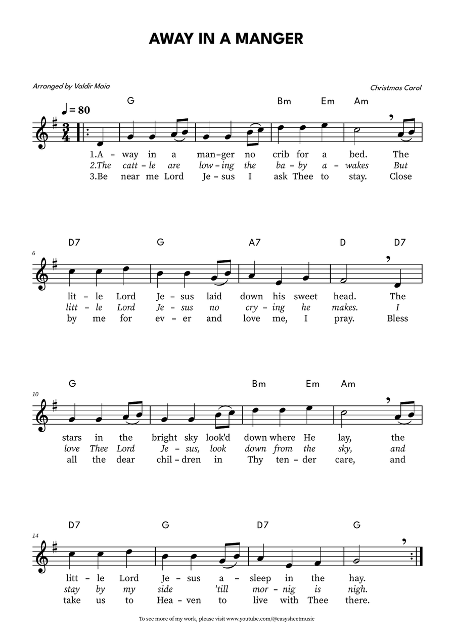 Away in a Manger – Lead Sheet in G (with Lyrics and Chords) Piano scores gallery preview page 1