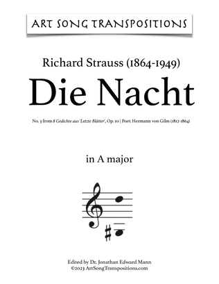 Book cover for STRAUSS: Die Nacht, Op. 10 no. 3 (transposed to A major and A-flat major)