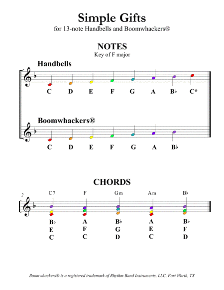 Simple Gifts for 13-note Bells and Boomwhackers® (with Color Coded Notes) image number null
