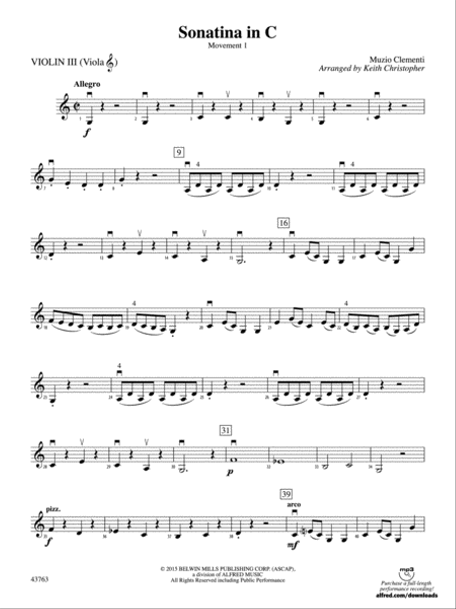 Sonatina in C: 3rd Violin (Viola [TC]) String Orchestra scores gallery preview page 1