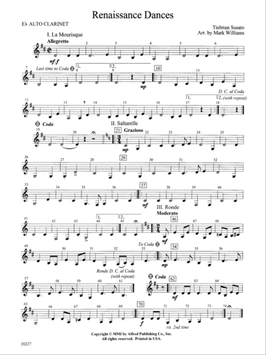 Renaissance Dances: E-flat Alto Clarinet Concert Band scores gallery preview page 1