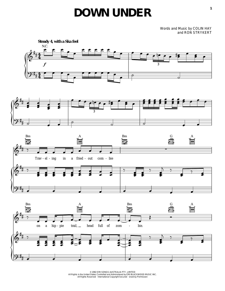 Down Under Down Under Piano, Vocal, Guitar scores gallery preview page 1