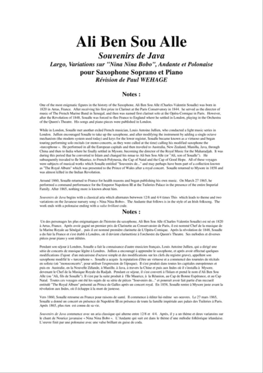 Ali Ben Sou Alle: Souvenirs de Java for soprano saxophone and piano Soprano Saxophone scores gallery preview page 1