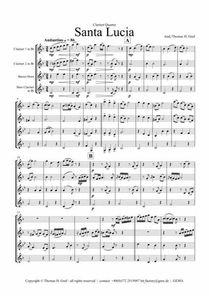 Santa Lucia - Italian Folk Song - Here in the twighlight - Clarinet Quartet